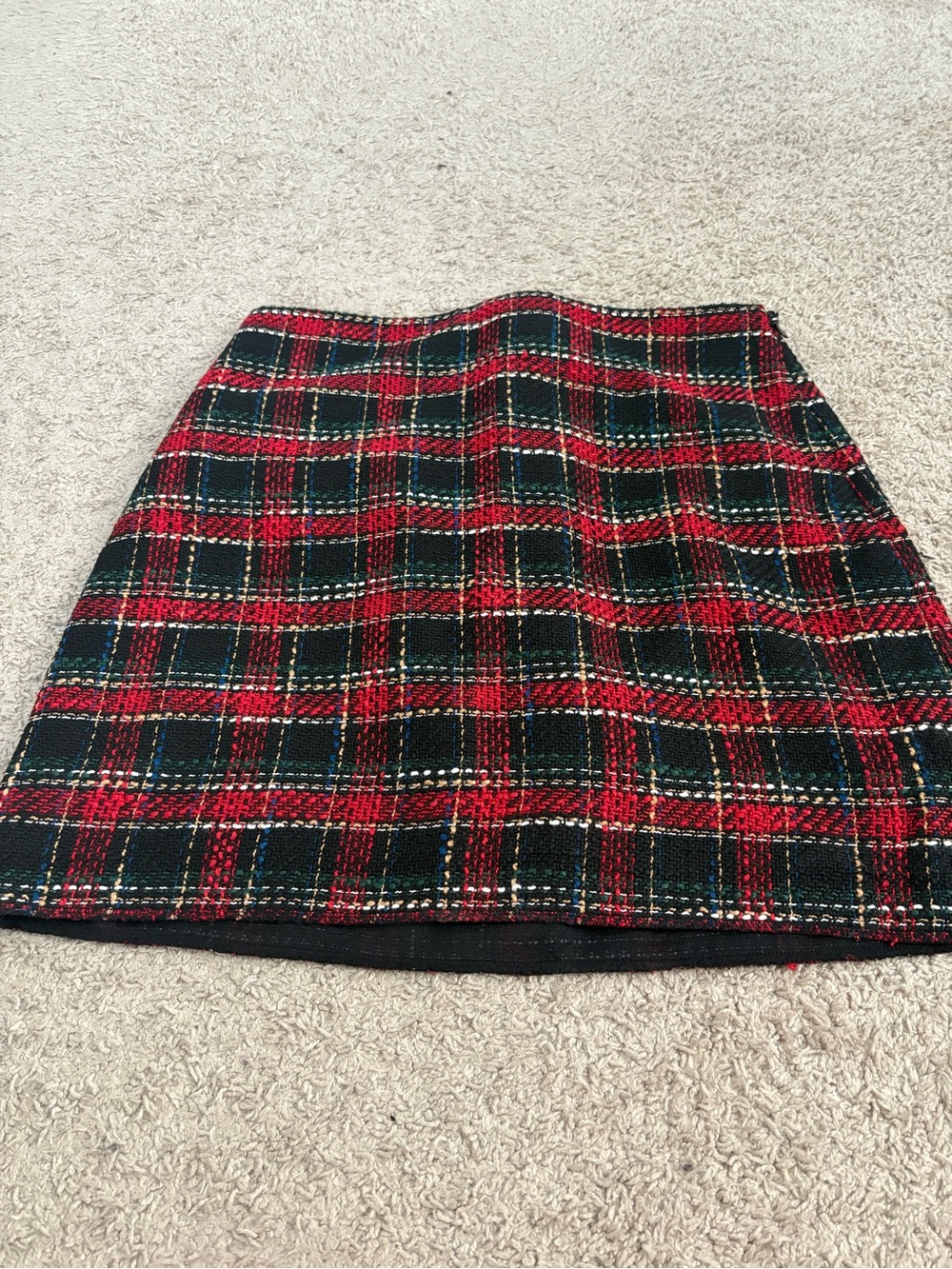 LOFT Red and Black Plaid Tweed Mini Skirt